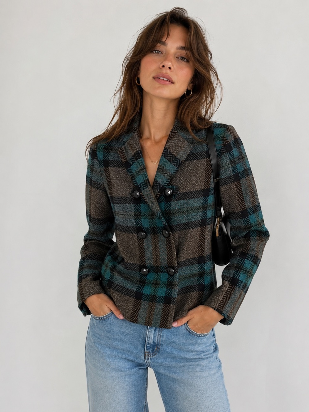L.A.M.B. Vintage Y2K Teal and‎ Brown Lambswool Plaid Wool Jacket Blazer Sz. 2
